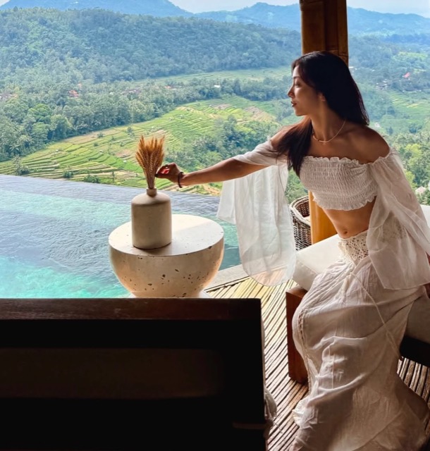 Maggi at a villa overlooking rice terraces